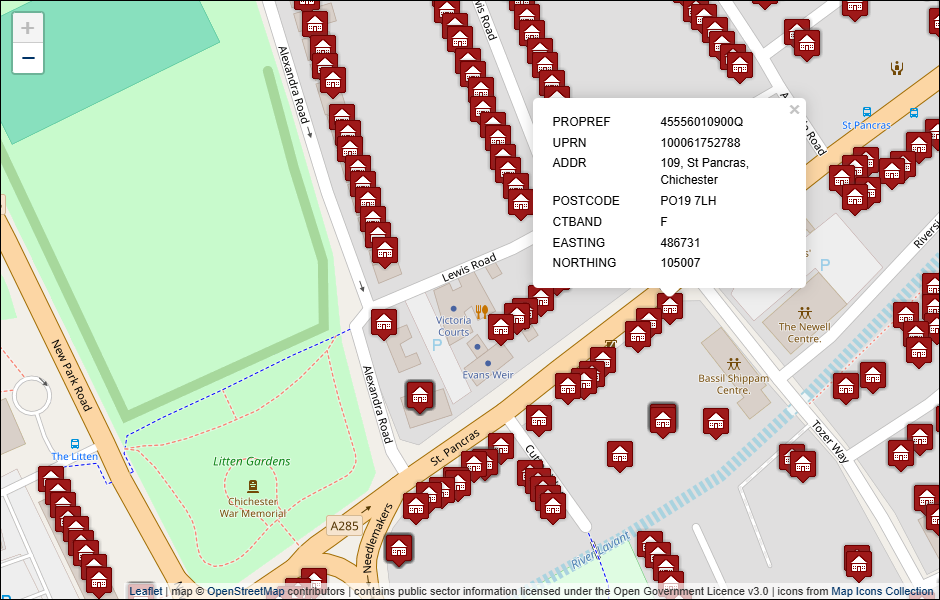 Screenshot of geocoded Chichester District Council address data visualised in Leaflet with background mapping from OpenStreetMap