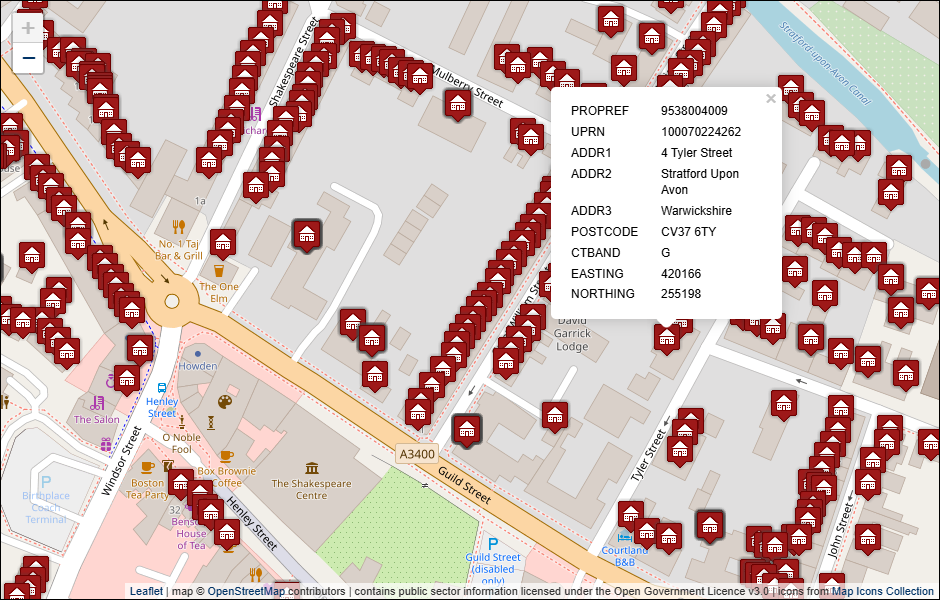 Screenshot of geocoded Stratford-on-Avon District Council address data visualised in Leaflet with background mapping from OpenStreetMap