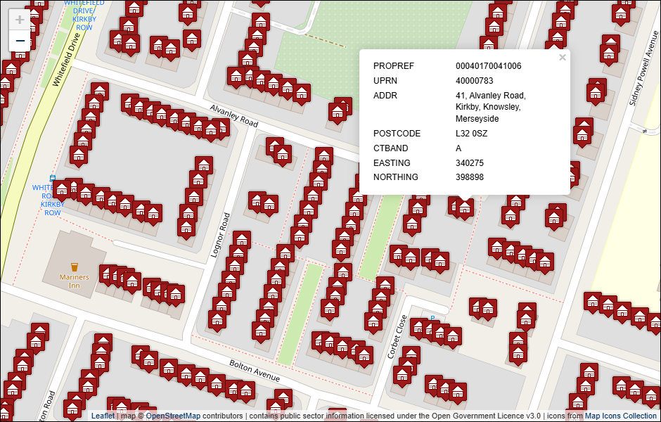 Screenshot of geocoded Knowsley Council address data visualised in Leaflet with background mapping from OpenStreetMap