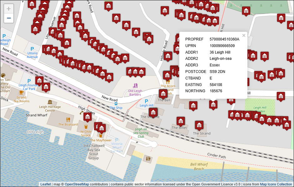 Screenshot of geocoded Southend-on-Sea City Council address data visualised in Leaflet with background mapping from OpenStreetMap