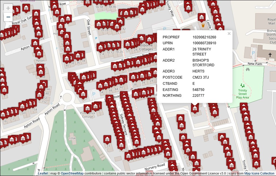 Screenshot of geocoded East Hertfordshire District Council address data visualised in Leaflet with background mapping from OpenStreetMap