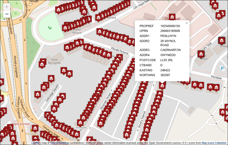 Screenshot of geocoded Gwynedd Council address data visualised in Leaflet with background mapping from OpenStreetMap