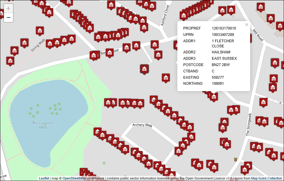 Screenshot of geocoded Wealden District Council address data visualised in Leaflet with background mapping from OpenStreetMap