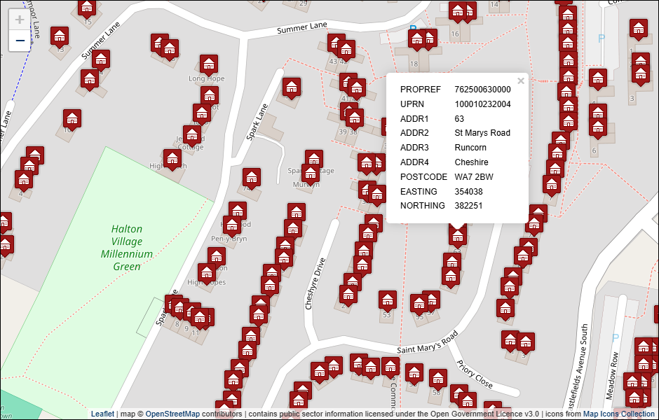 Screenshot of geocoded Halton Borough Council address data visualised in Leaflet with background mapping from OpenStreetMap