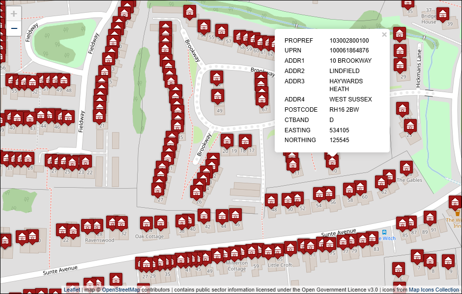 Screenshot of geocoded Mid Sussex District Council address data visualised in Leaflet with background mapping from OpenStreetMap