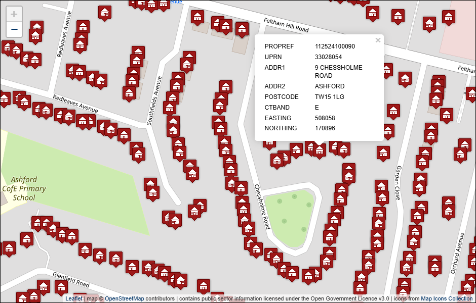 Screenshot of geocoded Spelthorne Borough Council address data visualised in Leaflet with background mapping from OpenStreetMap