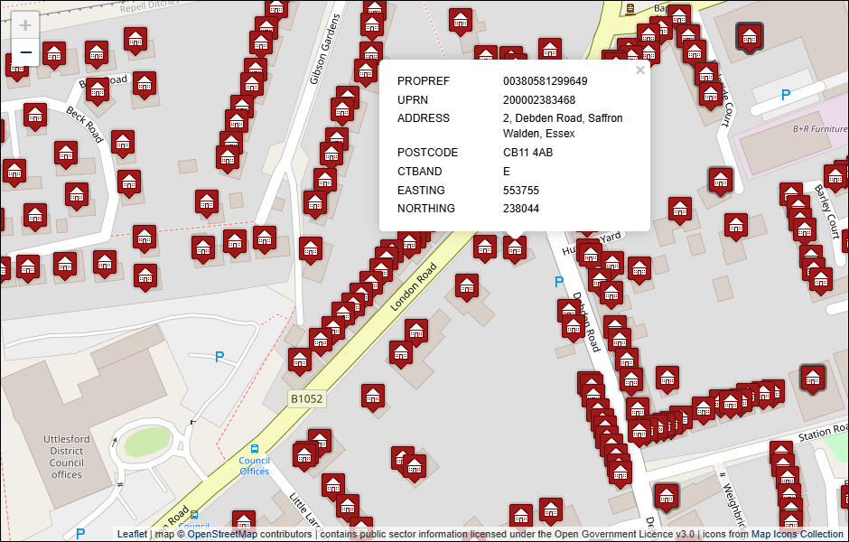 Screenshot of geocoded Uttlesford District Council address data visualised in Leaflet with background mapping from OpenStreetMap