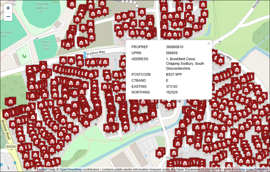 Screenshot of geocoded South Gloucestershire Council address data visualised in Leaflet with background mapping from OpenStreetMap