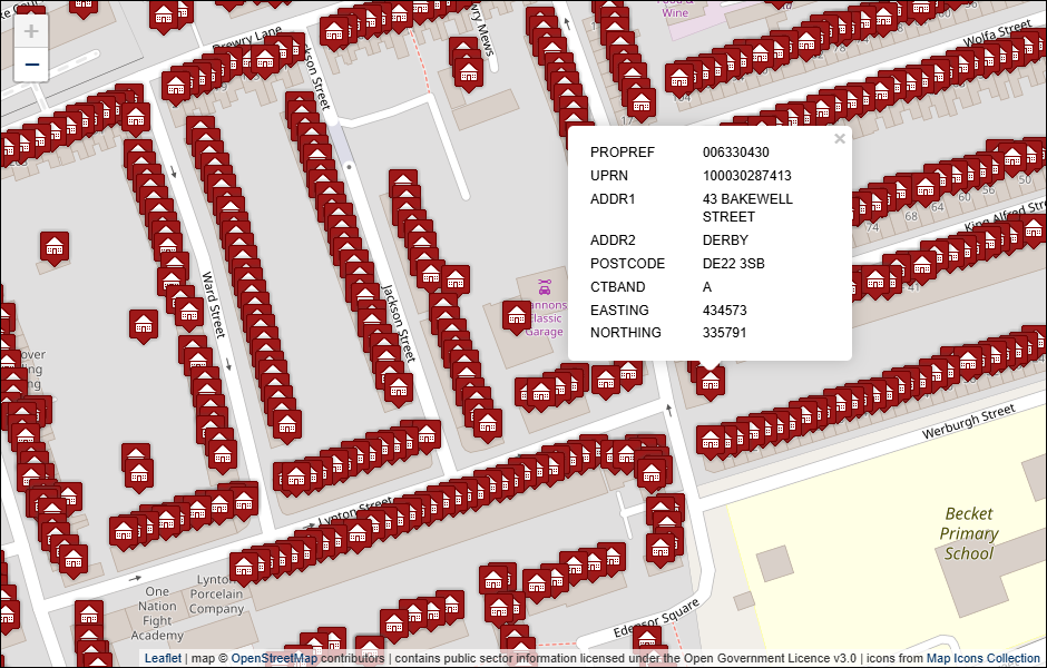 Screenshot of geocoded Derby City Council address data visualised in Leaflet with background mapping from OpenStreetMap
