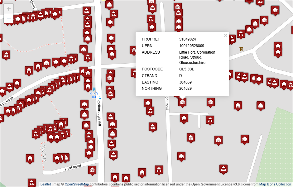 Screenshot of geocoded Stroud District Council address data visualised in Leaflet with background mapping from OpenStreetMap