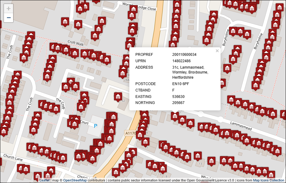 Screenshot of geocoded Borough of Broxbourne Council address data visualised in Leaflet with background mapping from OpenStreetMap