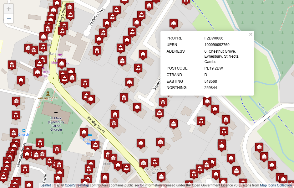 Screenshot of geocoded Huntingdonshire District Council address data visualised in Leaflet with background mapping from OpenStreetMap