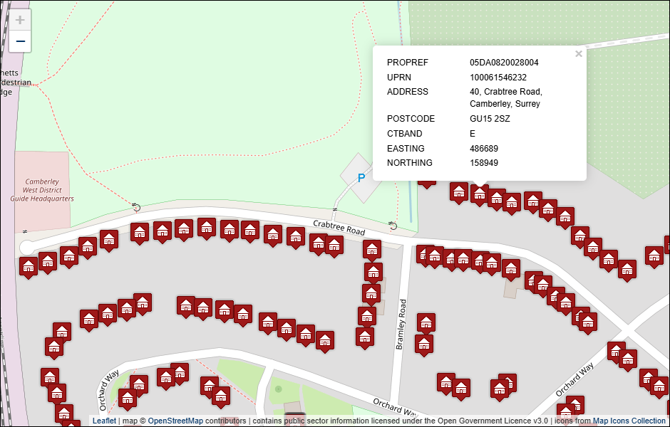 Screenshot of geocoded Surrey Heath Borough Council address data visualised in Leaflet with background mapping from OpenStreetMap