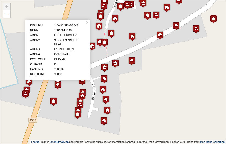 Screenshot of geocoded Torridge District Council address data visualised in Leaflet with background mapping from OpenStreetMap