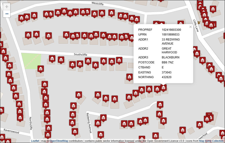 Screenshot of geocoded Hyndburn Borough Council address data visualised in Leaflet with background mapping from OpenStreetMap