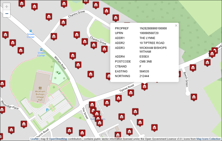 Screenshot of geocoded Maldon District Council address data visualised in Leaflet with background mapping from OpenStreetMap