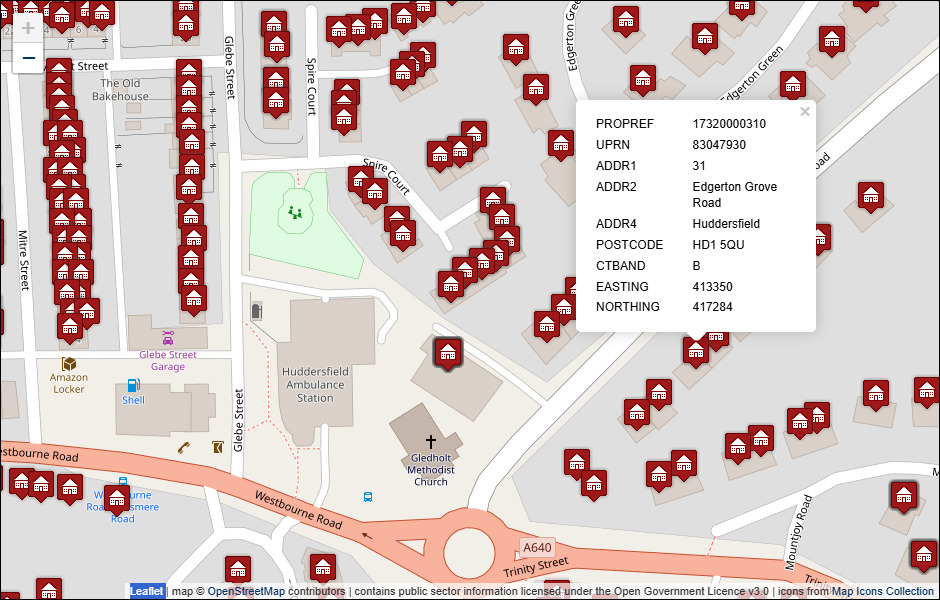 Screenshot of geocoded Kirklees Council address data visualised in Leaflet with background mapping from OpenStreetMap