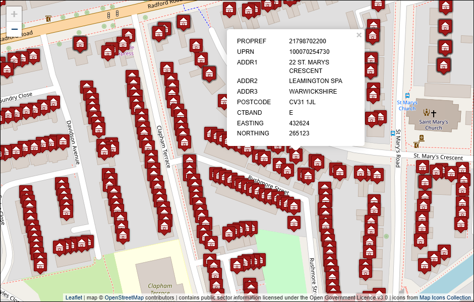 Screenshot of geocoded Warwick District Council address data visualised in Leaflet with background mapping from OpenStreetMap